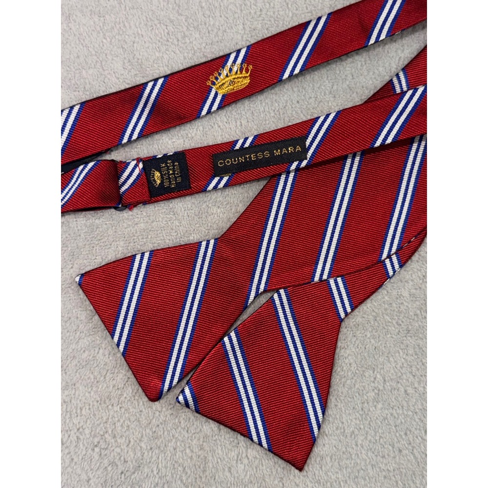 Countess Mara Mens Silk Bow Tie Red White Blue Striped Self Tie Hand Made